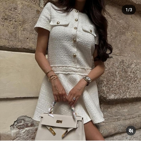 ZARA TEXTURED TWEED MINI DRESS ECRU - Picture 4 of 16